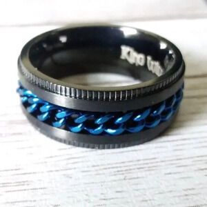 Size 7 Black & Blue Stainless Steel Spinner Ring 8mm NIB